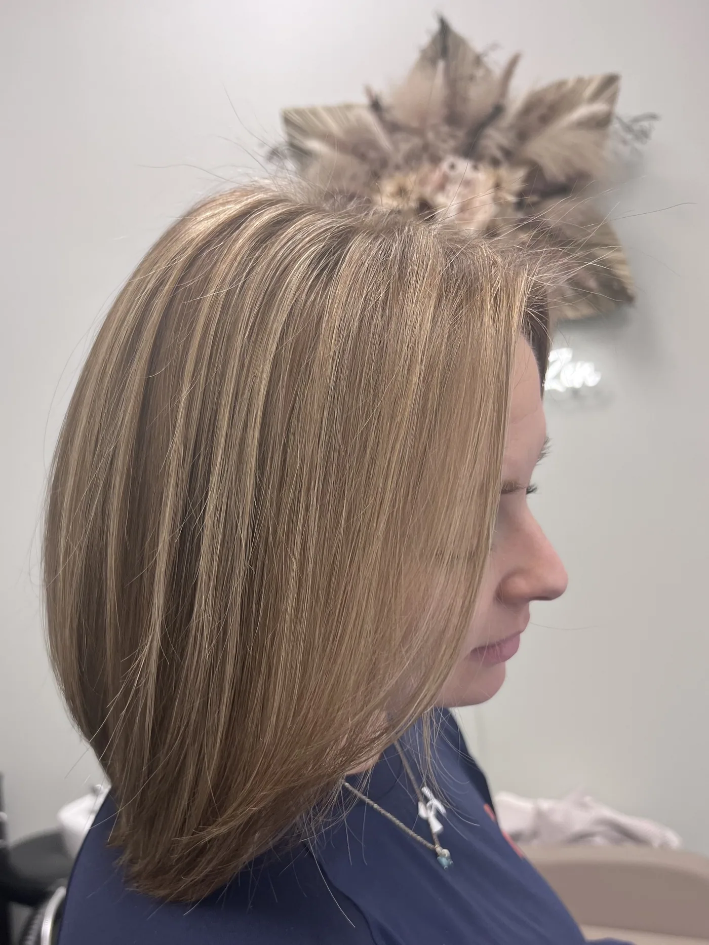 Caramel blonde lob with a precision cut at The Beauty of Zen, Worcester MA